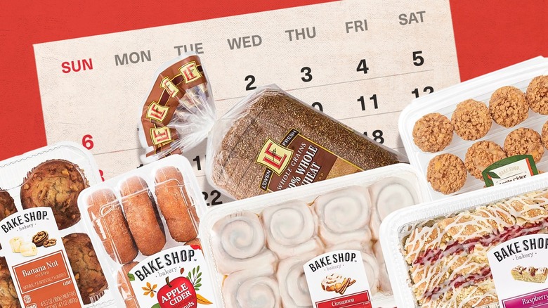 Aldi baked goods displayed on a calendar background, featuring Bake Shop banana nut muffins, apple cider donuts, cinnamon rolls, raspberry strudel, crumb-topped mini muffins, and L'Oven Fresh 100% whole wheat bread.