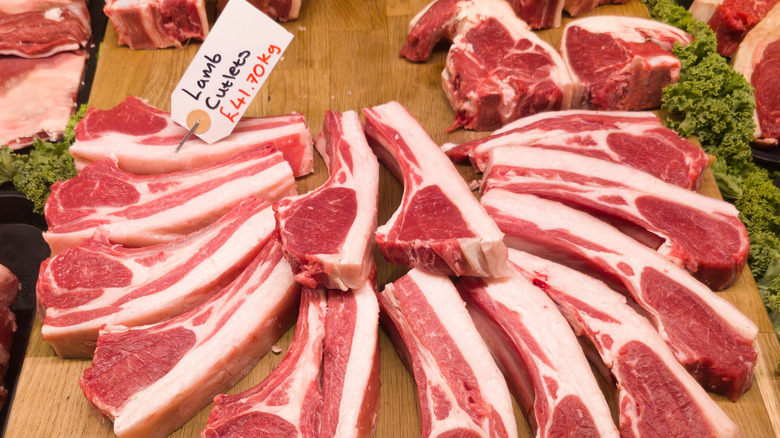 An array of lamb cuts with price tags
