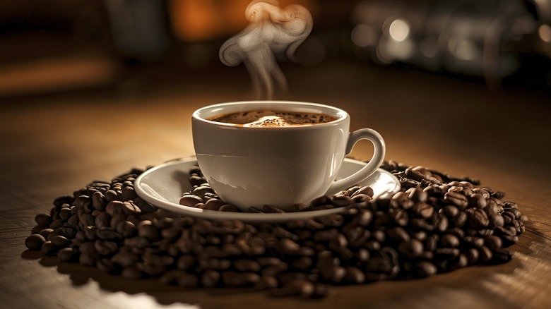 Steaming cup of coffee surrounded by coffee beans