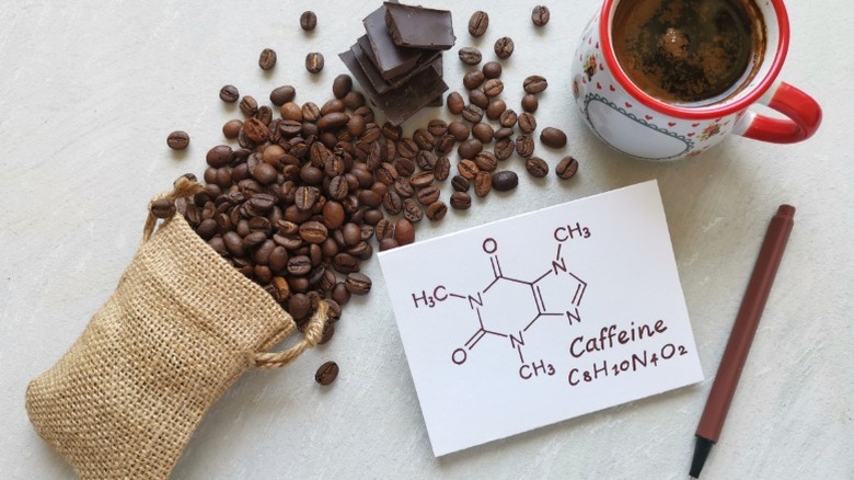 Coffee beans next to a placard with the chemical diagram of caffeine.