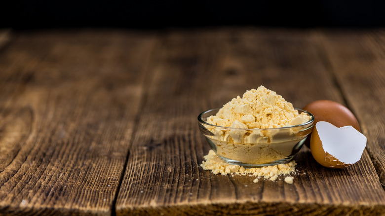 Close up of powdered eggs in a bowl