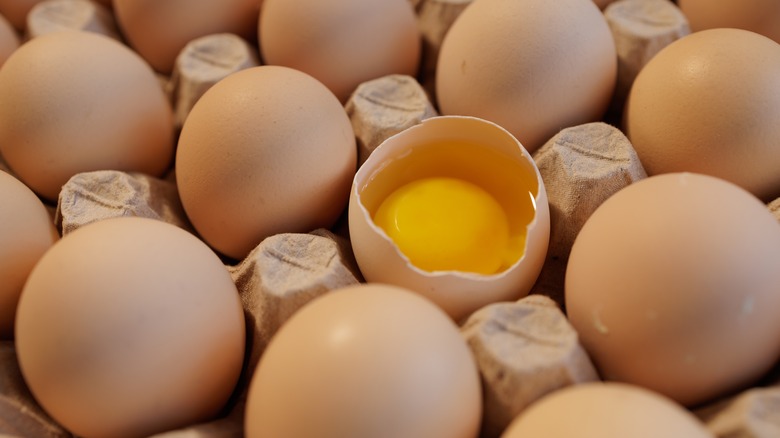 A pallete of eggs with one crack opened to expose the yolk