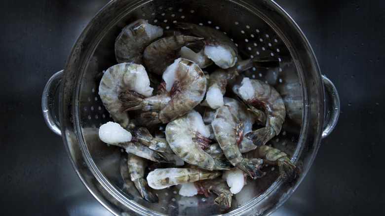 Frozen shrimp in shells in a metal colander