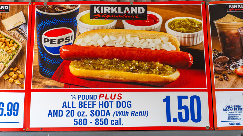 A sign for Costco's $1.50 all-beef hot dog combo