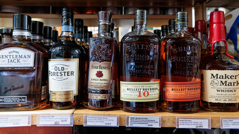 Bourbon whiskey on store shelf