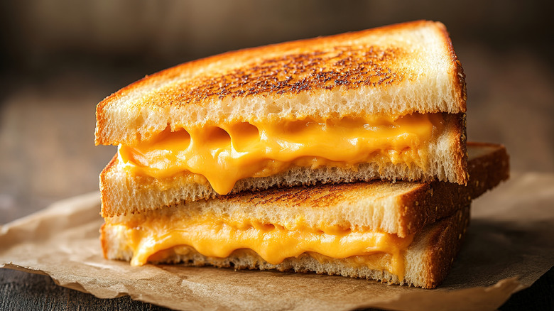 Stack of two grilled cheese sandwich halves