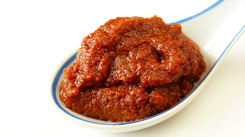Thai red curry paste on a ceramic spoon
