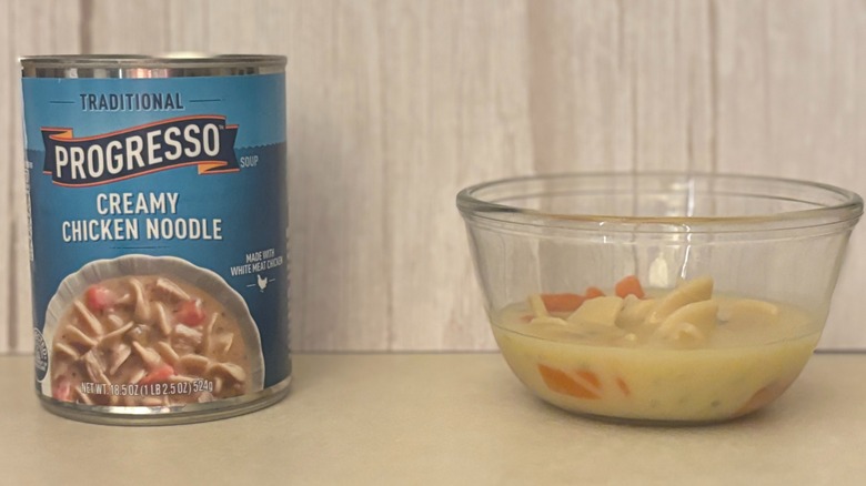 Progresso Traditional Creamy Chicken Noodle Soup can and soup in bowl