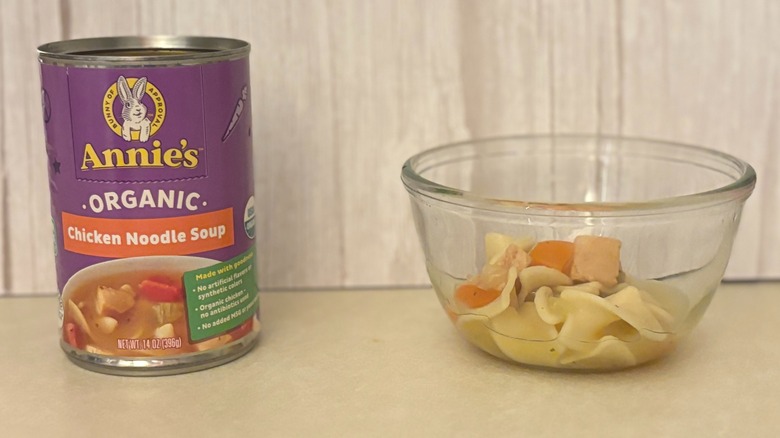 Annie's Organic Canned Chicken Noodle Soup can and soup in bowl
