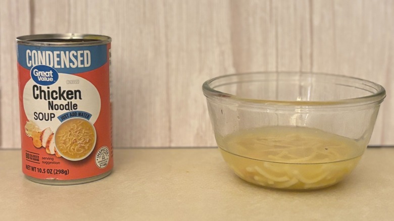 Great Value Condensed Canned Chicken Noodle Soup can and soup in a bowl