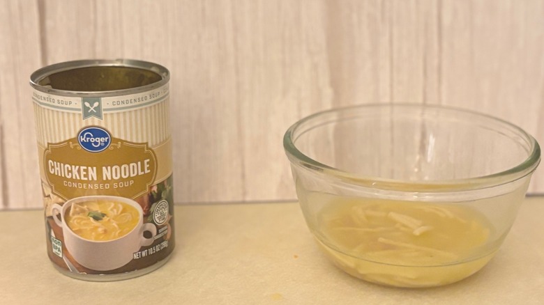 Kroger Chicken Noodle Condensed Soup can with soup in bowl