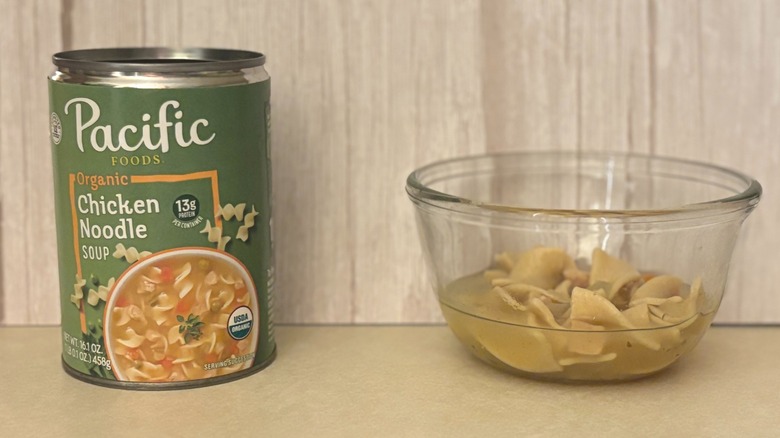 Pacific Foods Organic Canned Chicken Noodle Soup can and soup in bowl