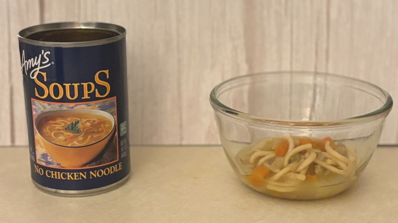 Amy's No Chicken Noodle Soup can with soup in bowl