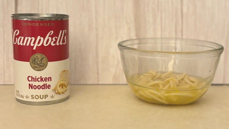 Campbell's Condensed Canned Chicken Noodle Soup  can and soup in bowl