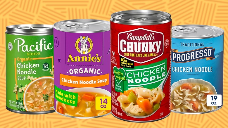 chicken noodle soup cans on yellow background