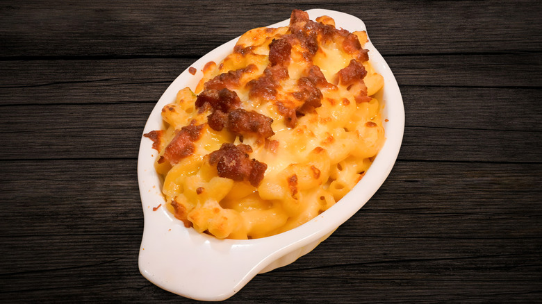 Mac and cheese in white dish with browned topping