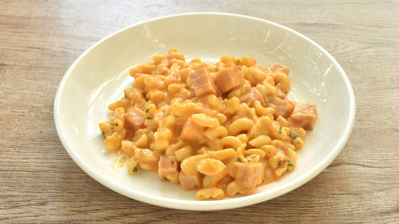 Macaroni and cheese with diced Spam
