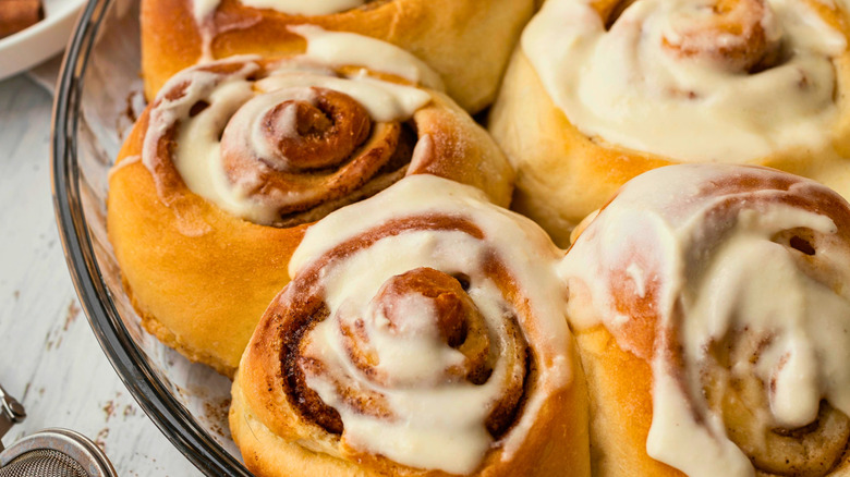 Cinnamon rolls topped with white icing