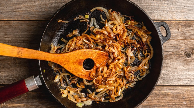 A frying pan of caramelized onions.