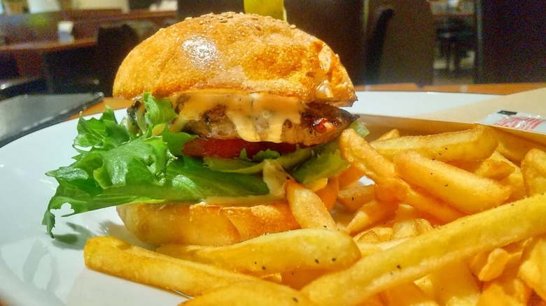 A burger and fries on a plate