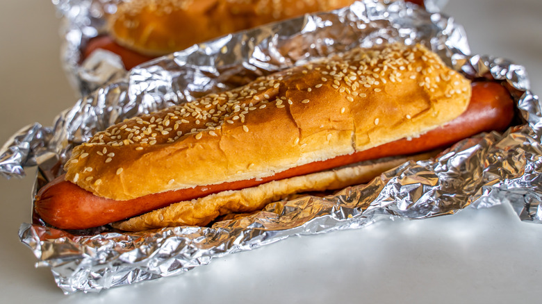 Costco hot dog in foil