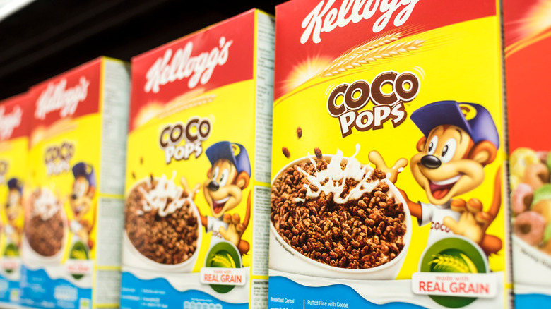 Boxes of Kellogg's Coco Pops cereal on display
