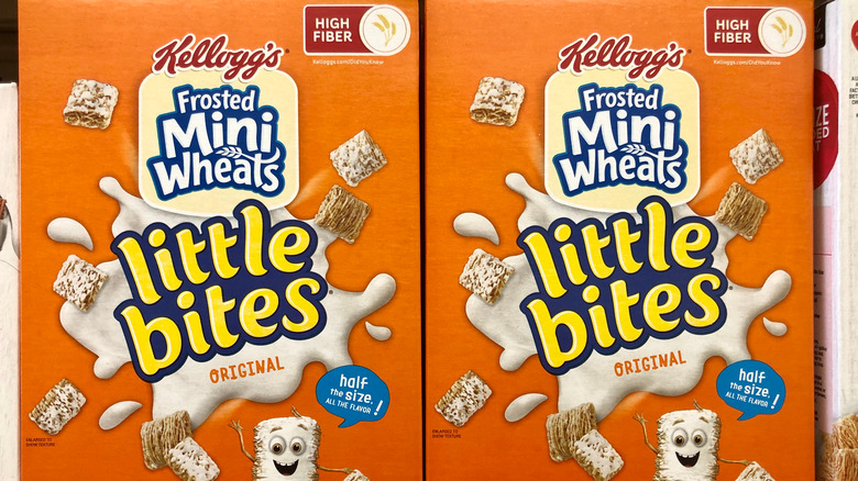 Boxes of Kellogg's Frosted Mini Wheats Little Bites breakfast cereal on shelf at a store