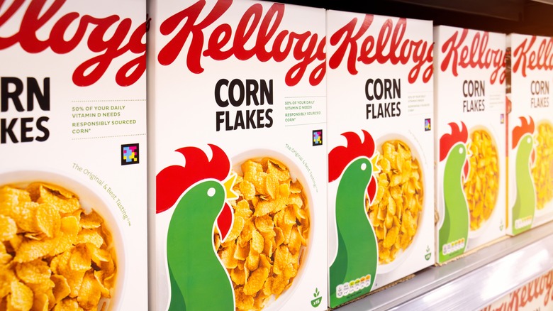 Boxes of Kellogg's Corn Flakes on a shelf of a European storeth a chocolatey twist