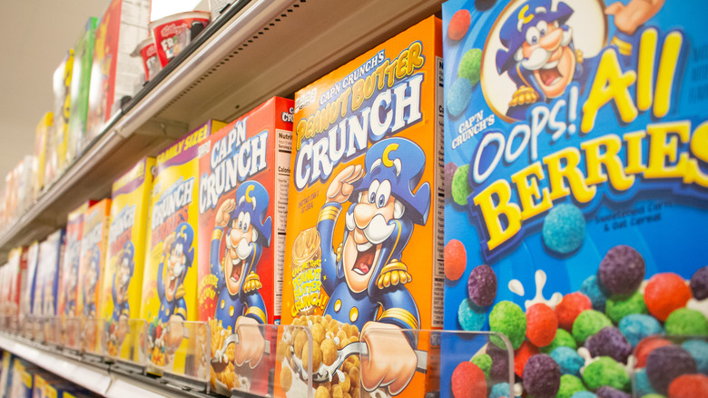 Several varieties of Cap'n Crunch cereal, including Oops! All Berries
