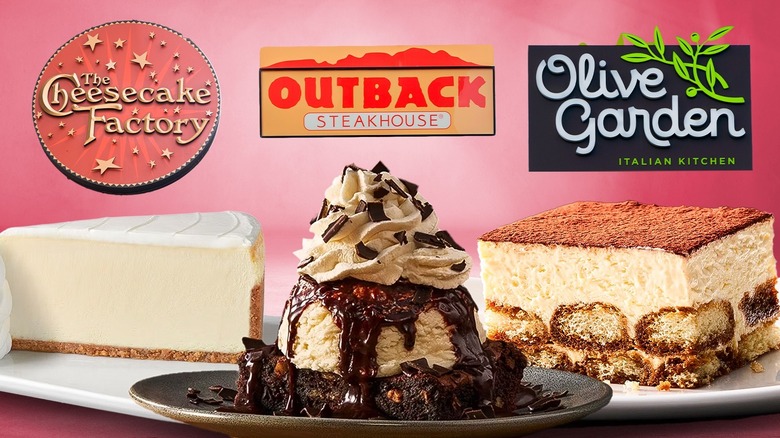 A montage of chain restaurant desserts from The Cheesecake Factory, Outback Steakhouse, and Olive Garden