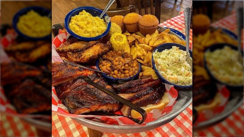 Meat platter with sides from Famous Dave's