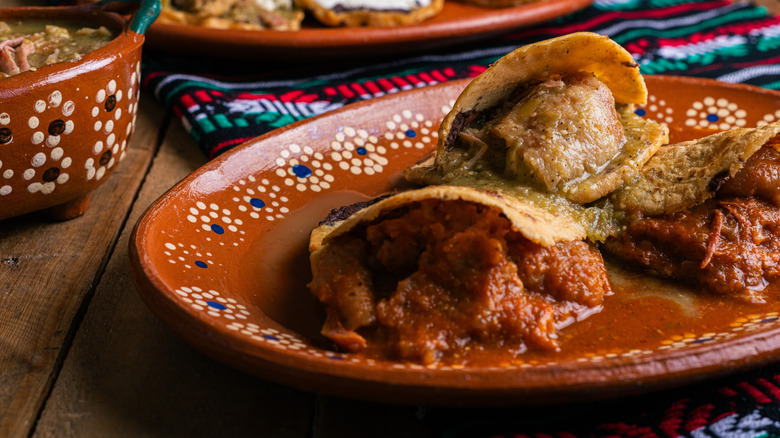 gorditas de chicharron with red and green salsas