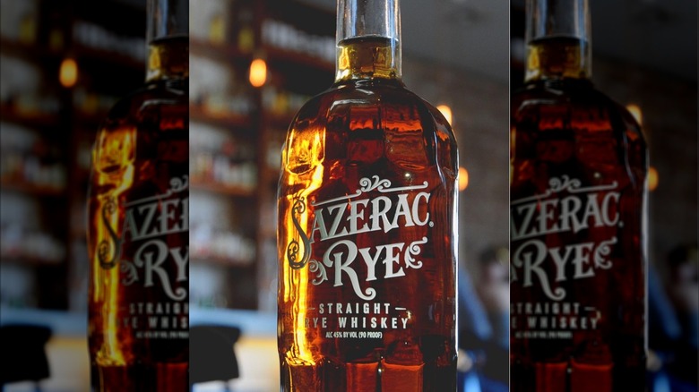 Close-up on a bottle of Sazerac Straight Rye