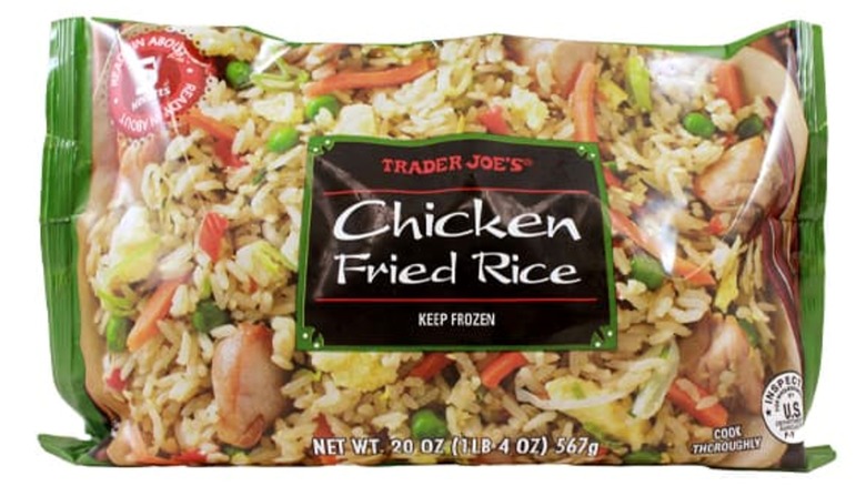 A product shot of a bag of Trader Joe's frozen chicken fried rice