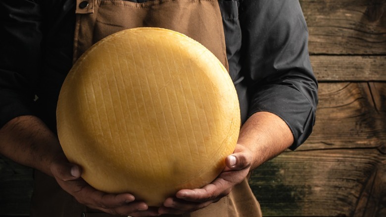 A cheesemaker holding a large wheel of cheese.