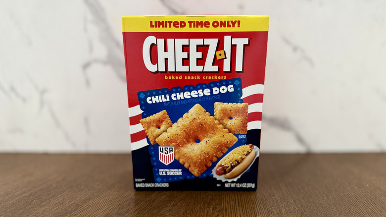 A box of Cheez-It crackers in Chili Cheese Dog flavor on a table
