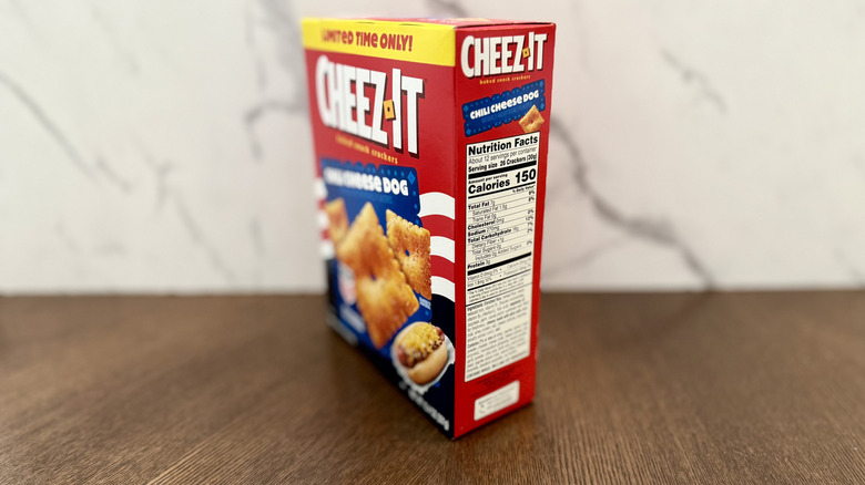 A box of Chili Cheese Dog Cheez-Its turned to the side to display the nutrition label
