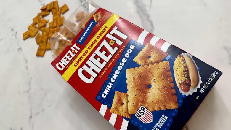 A box of Chili Cheese Dog Cheez-Its spilling out onto a countertop