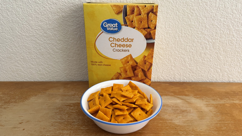 small bowl of Walmart crackers in front of their box