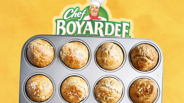 Chef Boyardee logo and pan of savory muffins