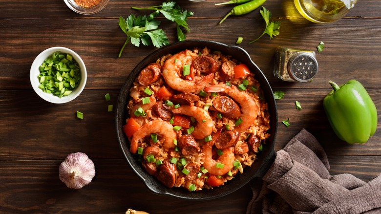 Iron skillet of jambalaya with shrimp and sausage
