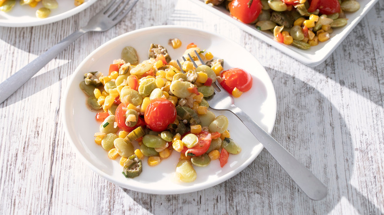 Plate of succotash with fork