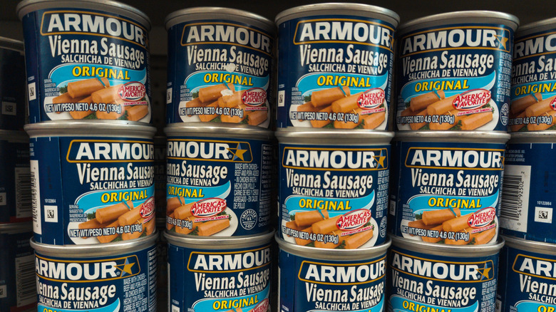 Stacks of cans of Vienna sausages