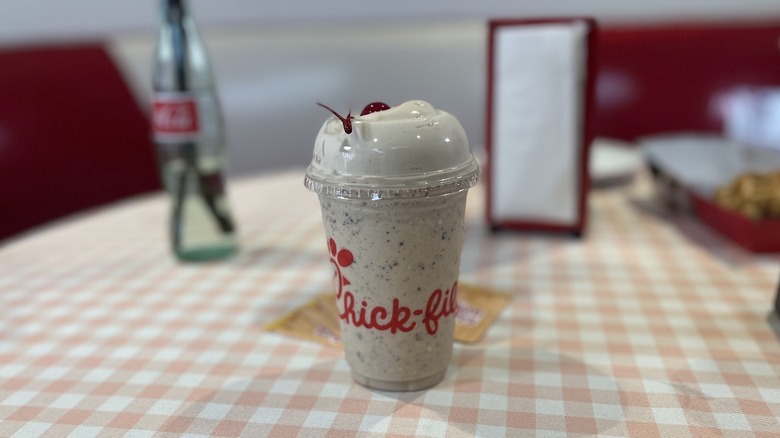 A Chick-fil-A S'mores Milkshake sits on a counter