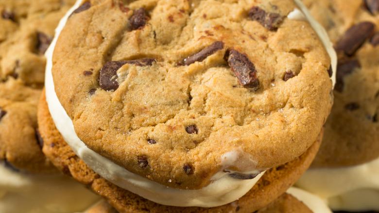 Close up of a chocolate chunk cookie ice cream sandwich