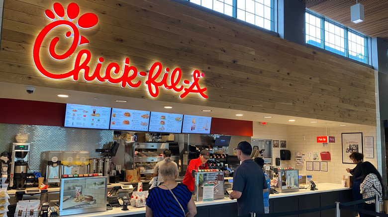 Customers ordering at a Chick-fil-A