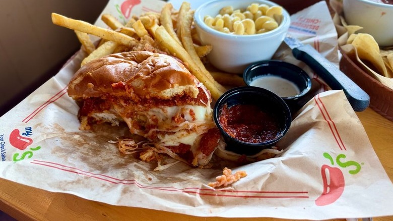Chili's Chicken Parm Big Crispy with fries in basket