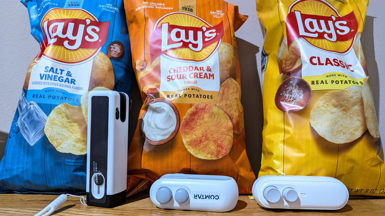 three electric bag sealers with potato chips