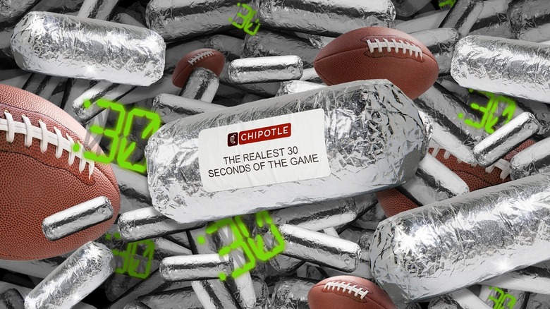 A promo image for Chipotle's Realest :30" Promotion featuring wrapped burritos and footballs