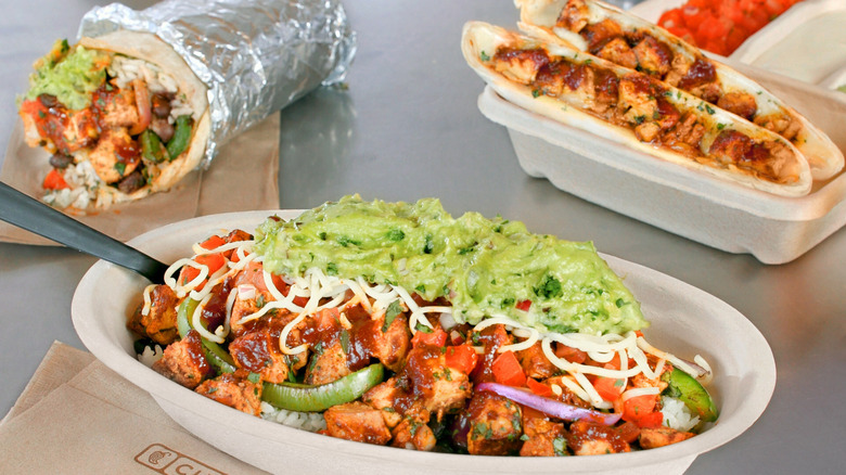 Chipotle's chicken al pastor in a burrito, bowl, and quesadilla